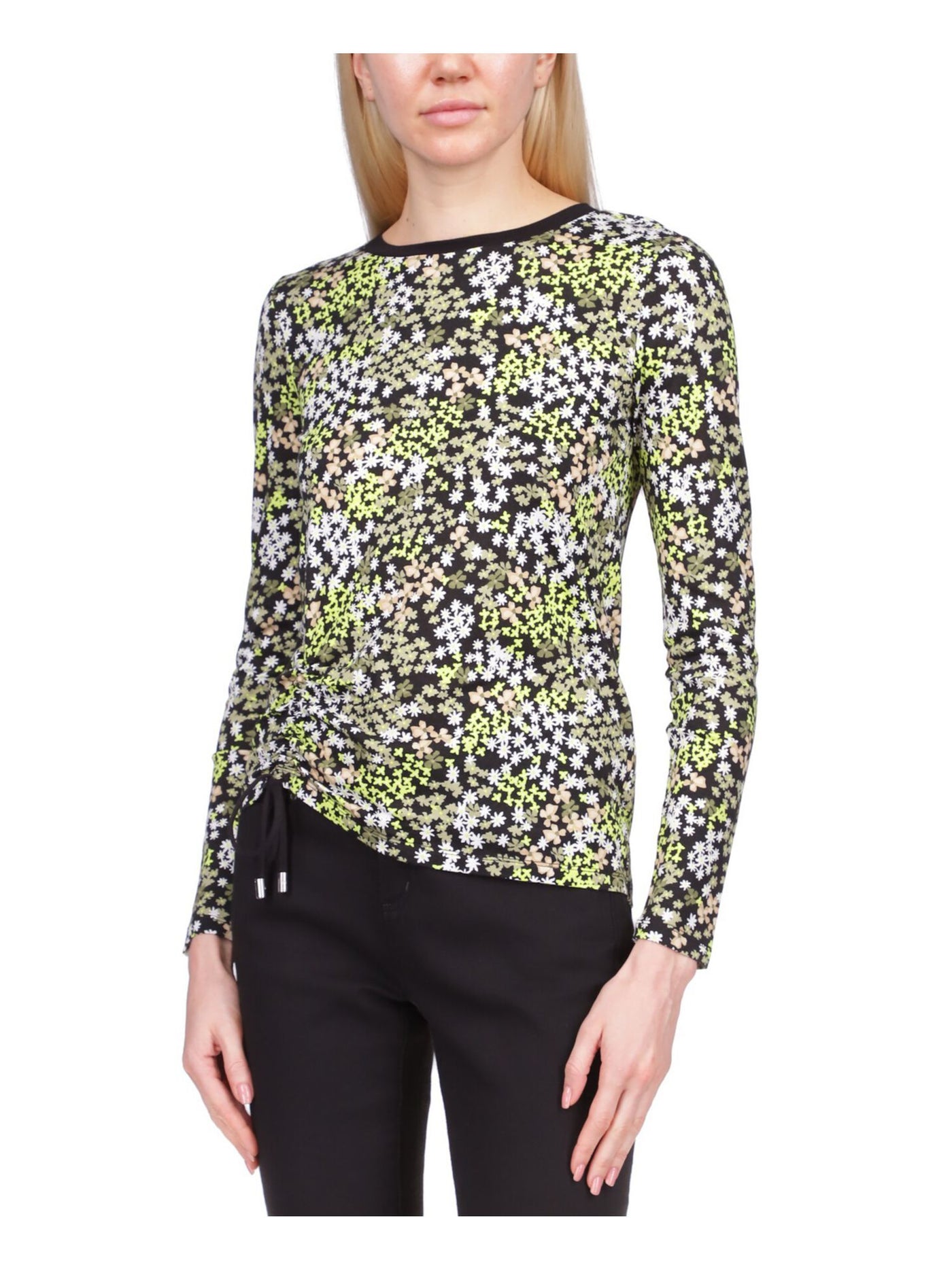 MICHAEL KORS Womens Green Ruched Drawstring Floral Long Sleeve Boat Neck Top P\XS