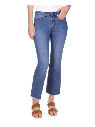 MICHAEL KORS Womens Blue Zippered Pocketed Button Fly Raw Hem Straight leg Jeans Petites 0P