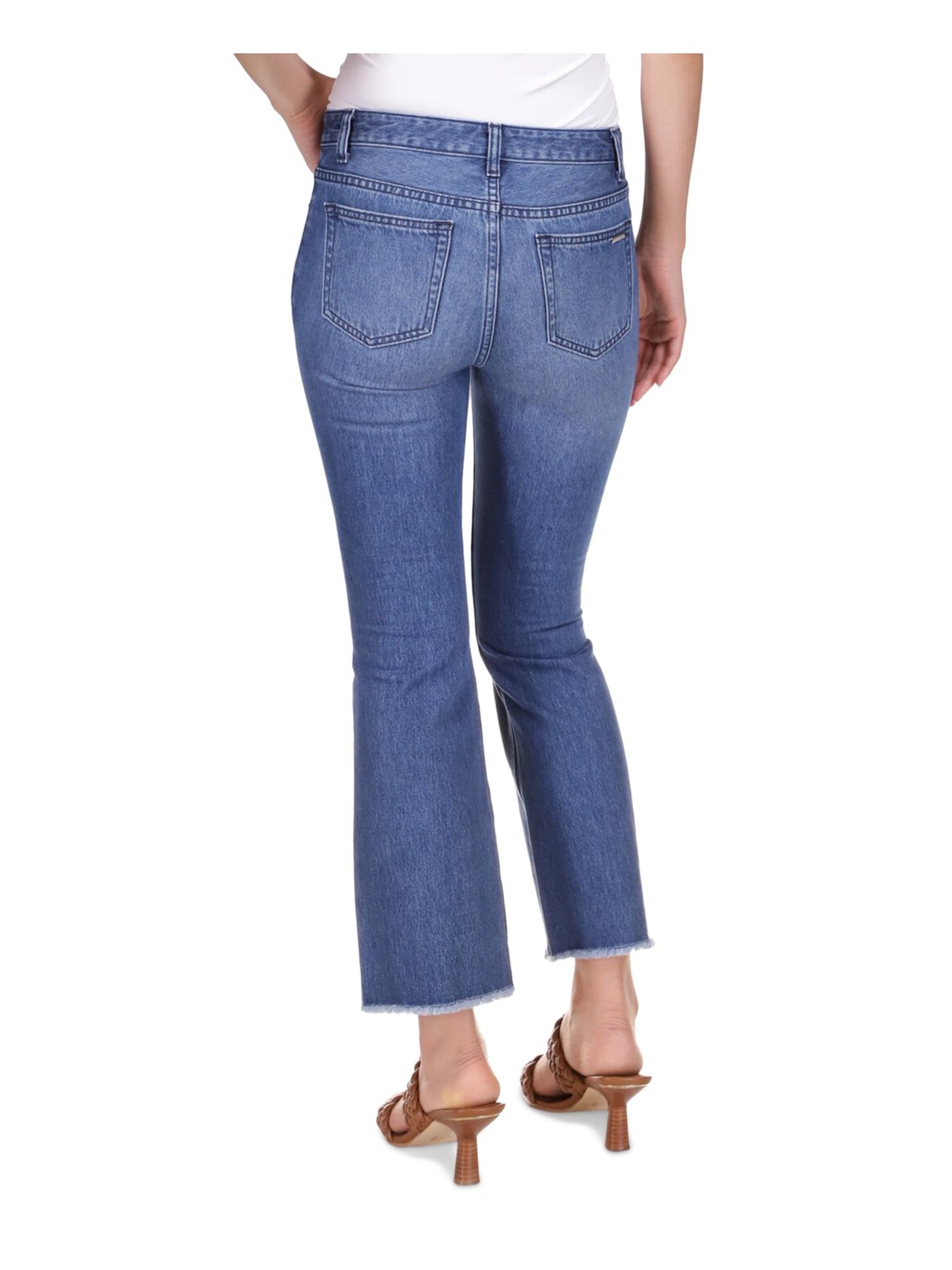 MICHAEL KORS Womens Blue Pocketed Button Fly Flare Cropped Raw Hem High Waist Jeans 10