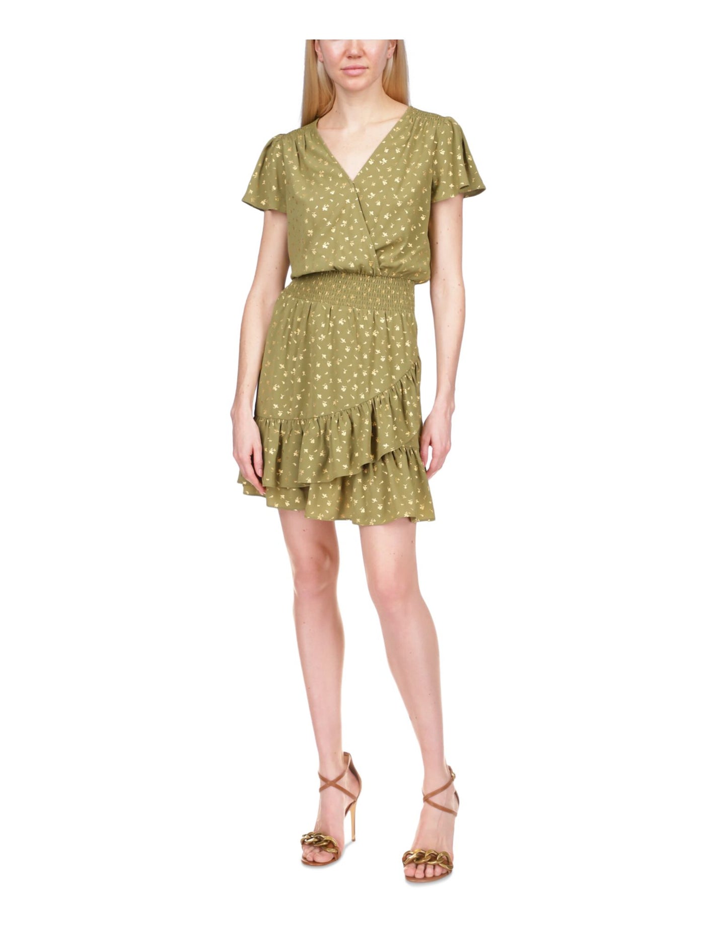 MICHAEL MICHAEL KORS Womens Green Metallic Smocked Printed Short Sleeve Surplice Neckline Above The Knee Tulip Dress Petites P\L