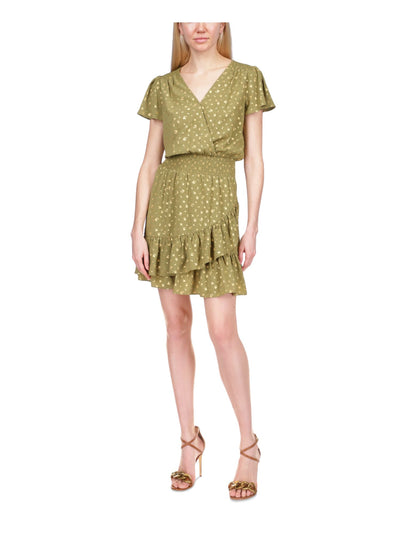 MICHAEL MICHAEL KORS Womens Green Metallic Smocked Printed Short Sleeve Surplice Neckline Above The Knee Tulip Dress Petites P\L