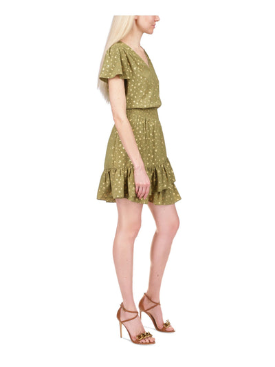 MICHAEL KORS Womens Green Metallic Smocked Printed Short Sleeve Surplice Neckline Above The Knee Tulip Dress Petites P\L