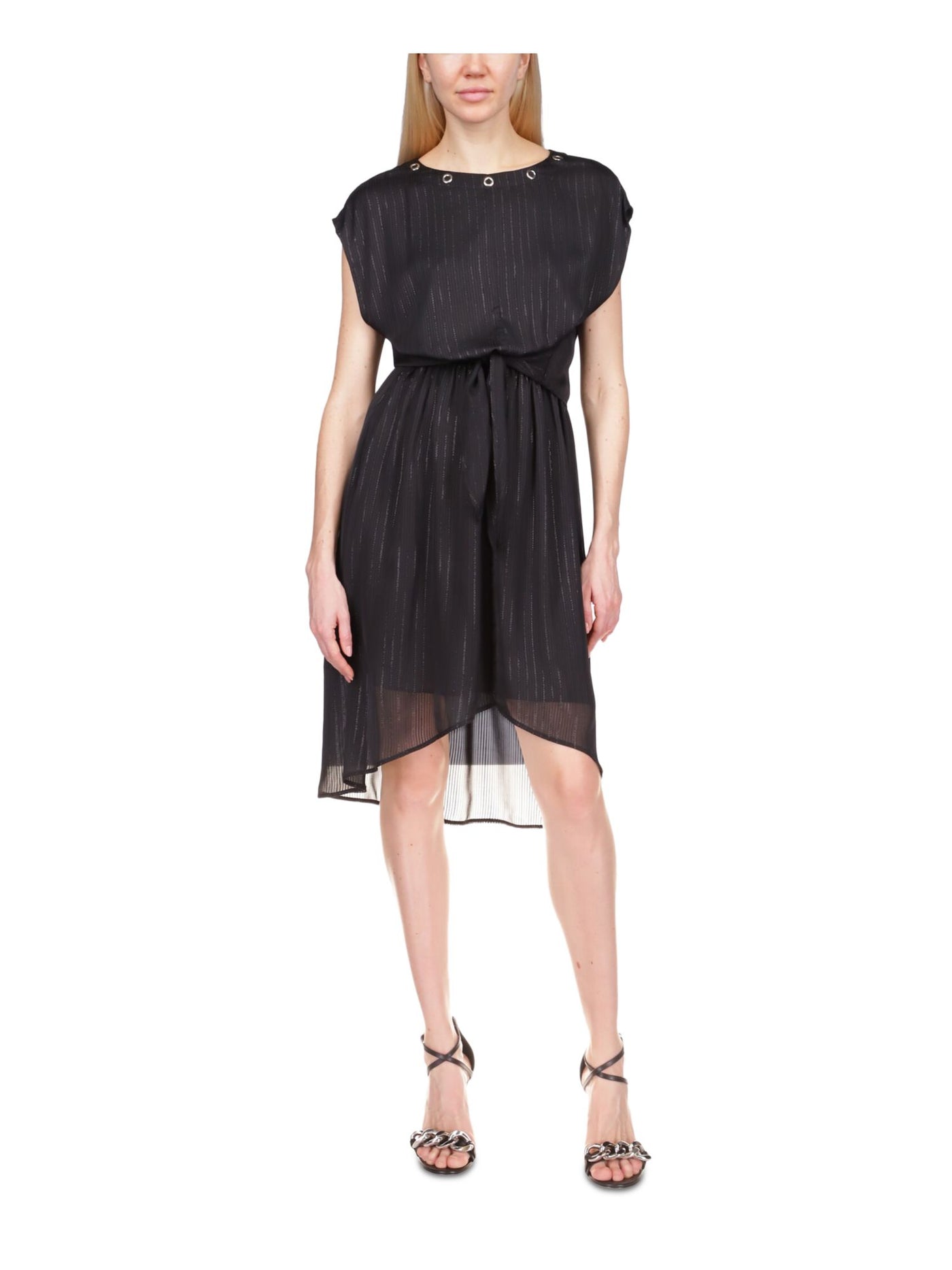 MICHAEL MICHAEL KORS Womens Black Textured Belted Keyhole Back Grommet Detail Pinstripe Cap Sleeve Boat Neck Knee Length Party Hi-Lo Dress Petites PXS