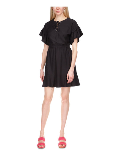 MICHAEL KORS Womens Black Ruffled Lace-up Elastic Waist Lined Flutter Sleeve Crew Neck Mini Fit + Flare Dress L