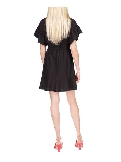 MICHAEL KORS Womens Black Ruffled Lace-up Elastic Waist Lined Flutter Sleeve Crew Neck Mini Fit + Flare Dress XS