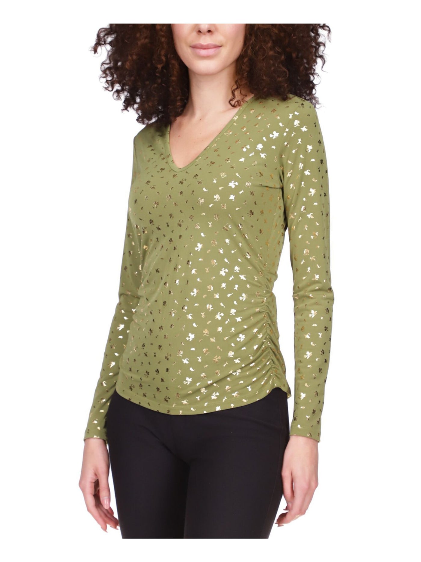 MICHAEL MICHAEL KORS Womens Green Ruched Printed Long Sleeve V Neck Top Petites P\S