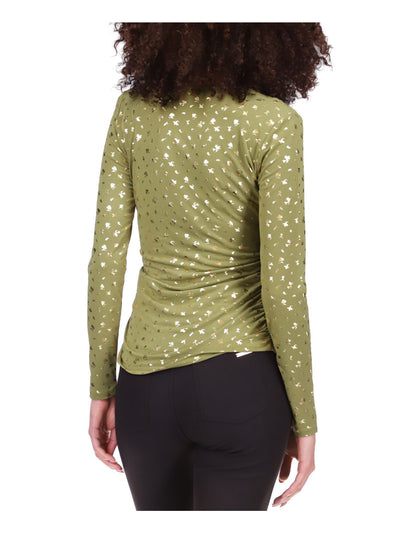 MICHAEL MICHAEL KORS Womens Green Ruched Printed Long Sleeve V Neck Top Petites P\XS