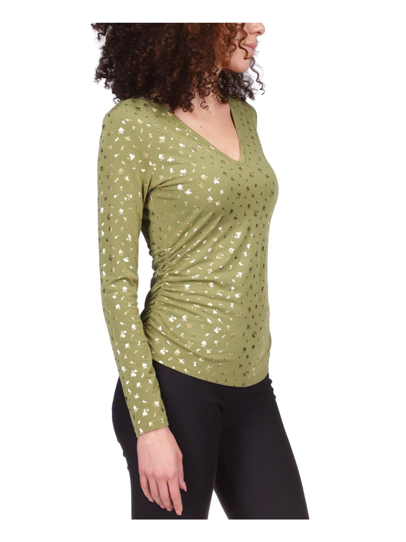 MICHAEL MICHAEL KORS Womens Green Ruched Printed Long Sleeve V Neck Top P\S