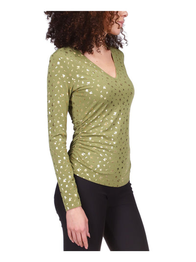 MICHAEL KORS Womens Green Ruched Long Sleeve V Neck Top XL