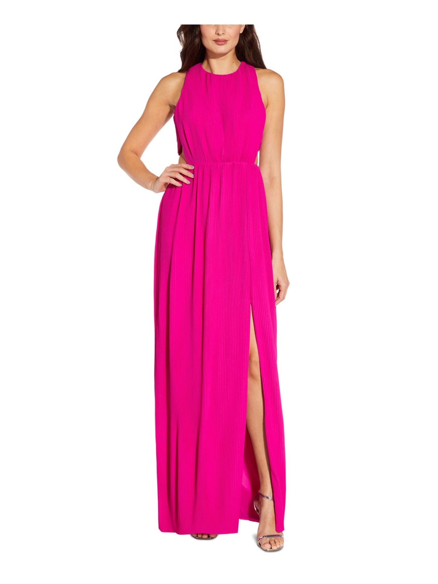 AIDAN AIDAN MATTOX Womens Pink Zippered Cut Out Pleated Lined Slitted Sleeveless Round Neck Full-Length Evening Gown Dress 10
