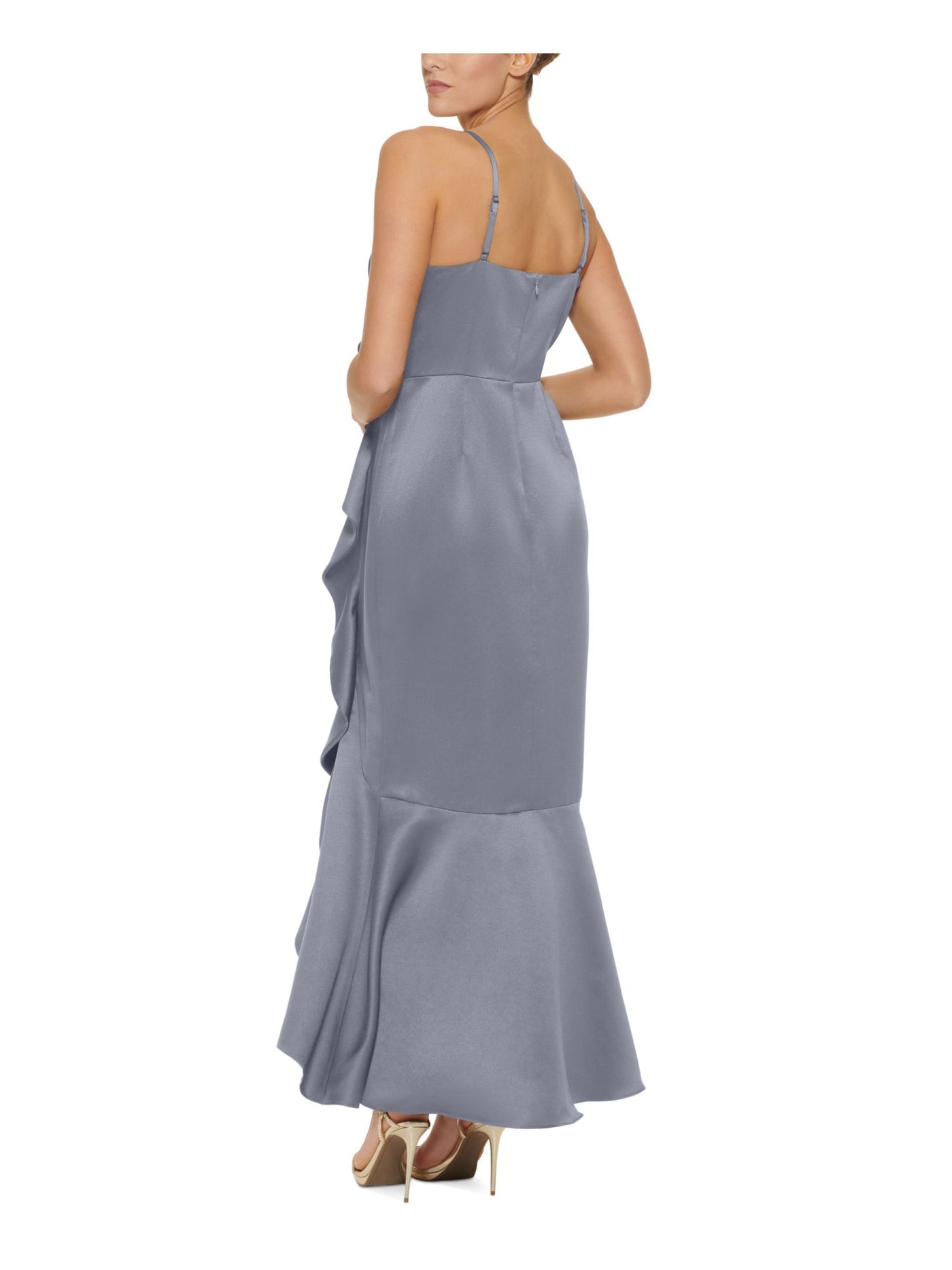 DKNY Womens Blue Adjustable Zippered Ruffled Slitted Flounce Hem Spaghetti Strap V Neck Full-Length Cocktail Mermaid Dress 2