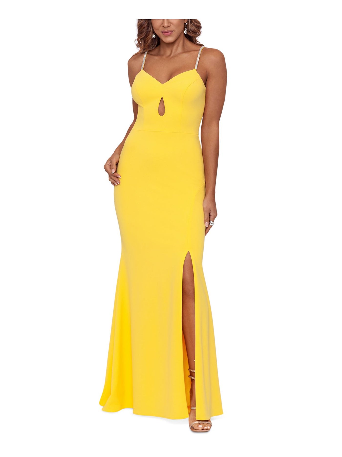 XSCAPE Womens Yellow Zippered Pleated Teardrop Cutout High Slit Lined Sleeveless V Neck Full-Length Party Gown Dress 2