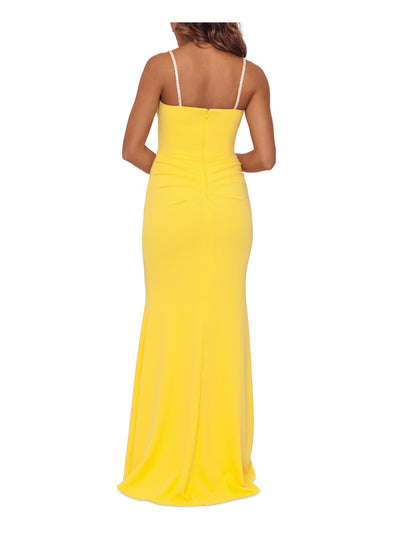 XSCAPE Womens Yellow Zippered Pleated Teardrop Cutout High Slit Lined Sleeveless V Neck Full-Length Party Gown Dress 2