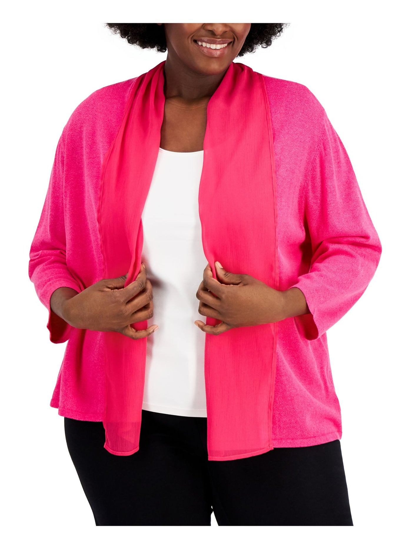 KASPER Womens Pink Open Front Textured Sheer Long Sleeve Pocketed Sheer Jacket Plus 2X
