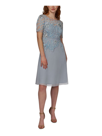 ADRIANNA PAPELL Womens Light Blue Embellished Zippered Lined Sheer Mesh Short Sleeve Round Neck Knee Length Cocktail Fit + Flare Dress 8