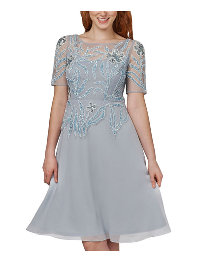 ADRIANNA PAPELL Womens Light Blue Embellished Zippered Lined Sheer Mesh Short Sleeve Round Neck Knee Length Cocktail Fit + Flare Dress 8