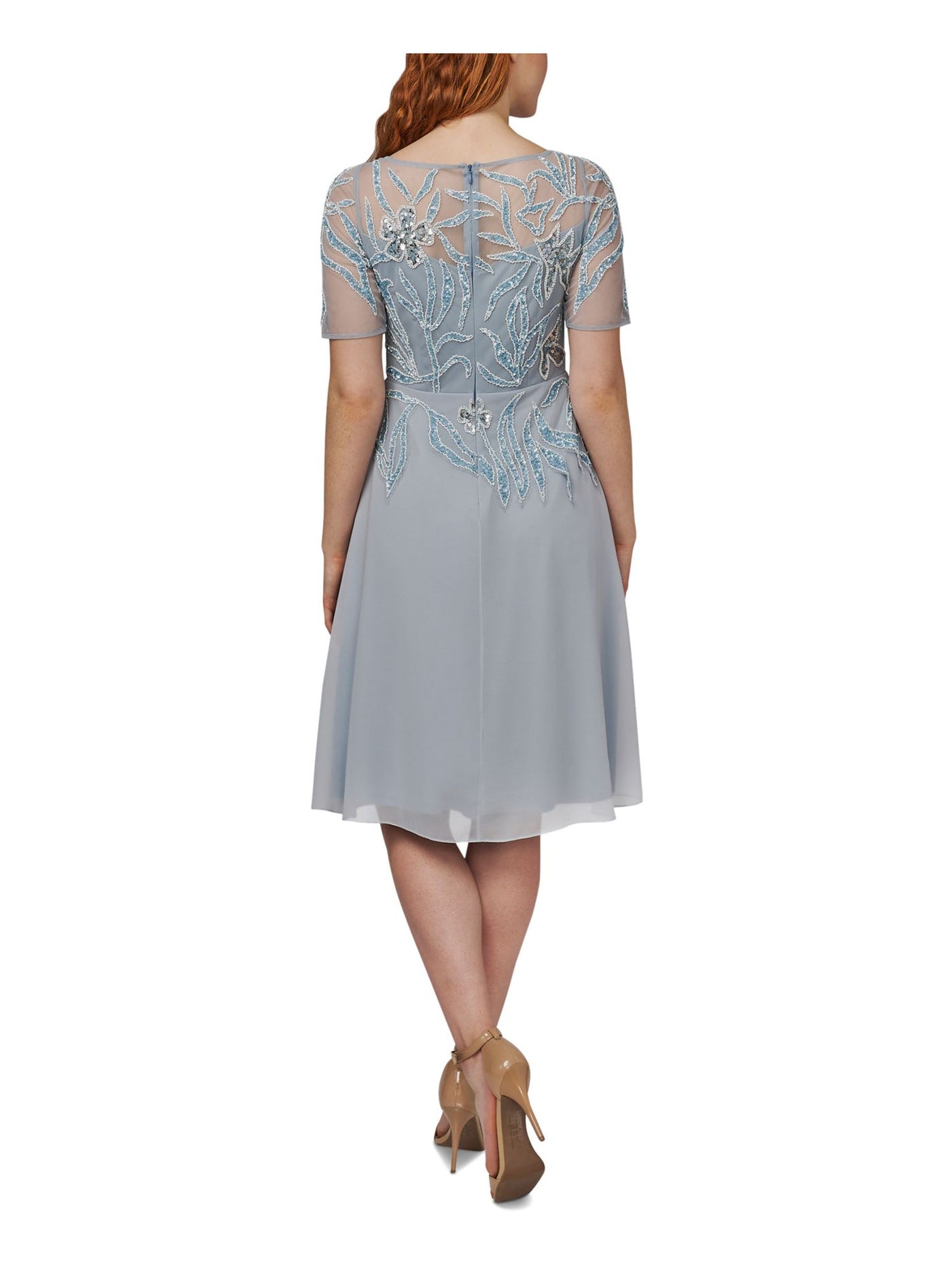 ADRIANNA PAPELL Womens Light Blue Embellished Zippered Lined Sheer Mesh Short Sleeve Round Neck Knee Length Cocktail Fit + Flare Dress 8