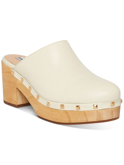 STEVE MADDEN Womens Bone Ivory 1-1/2" Wood Platform Studded Padded Brooklyn Round Toe Block Heel Slip On Leather Clogs Shoes 11 M