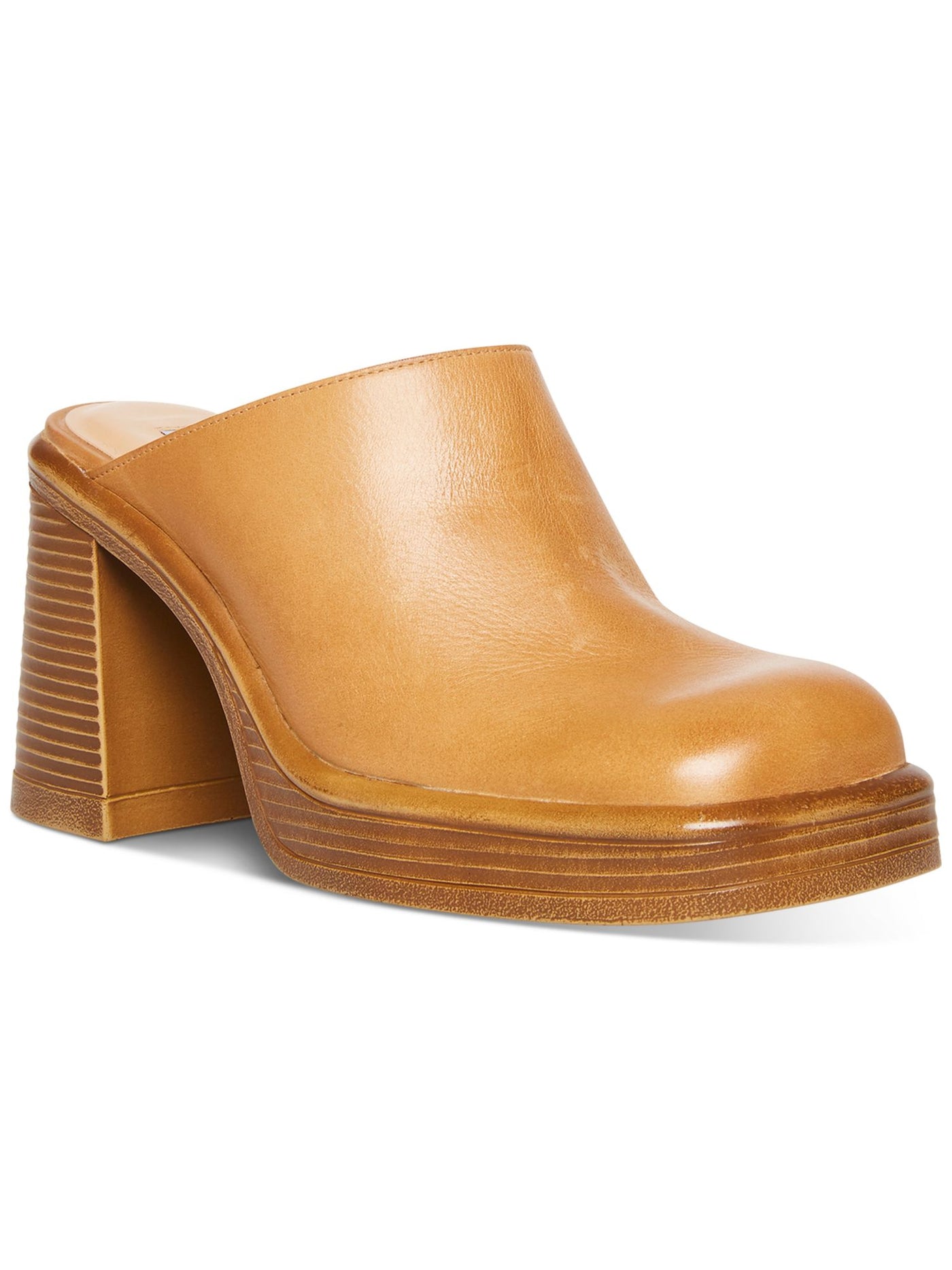 STEVE MADDEN Womens Beige 1" Platform Padded Goring Flirtie Square Toe Block Heel Slip On Leather Clogs Shoes 9 M