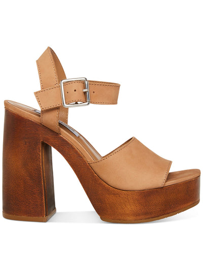 STEVE MADDEN Womens Brown 1-1/2" Platform Ankle Strap Comfort Kye Round Toe Block Heel Buckle Leather Heeled Sandal 10