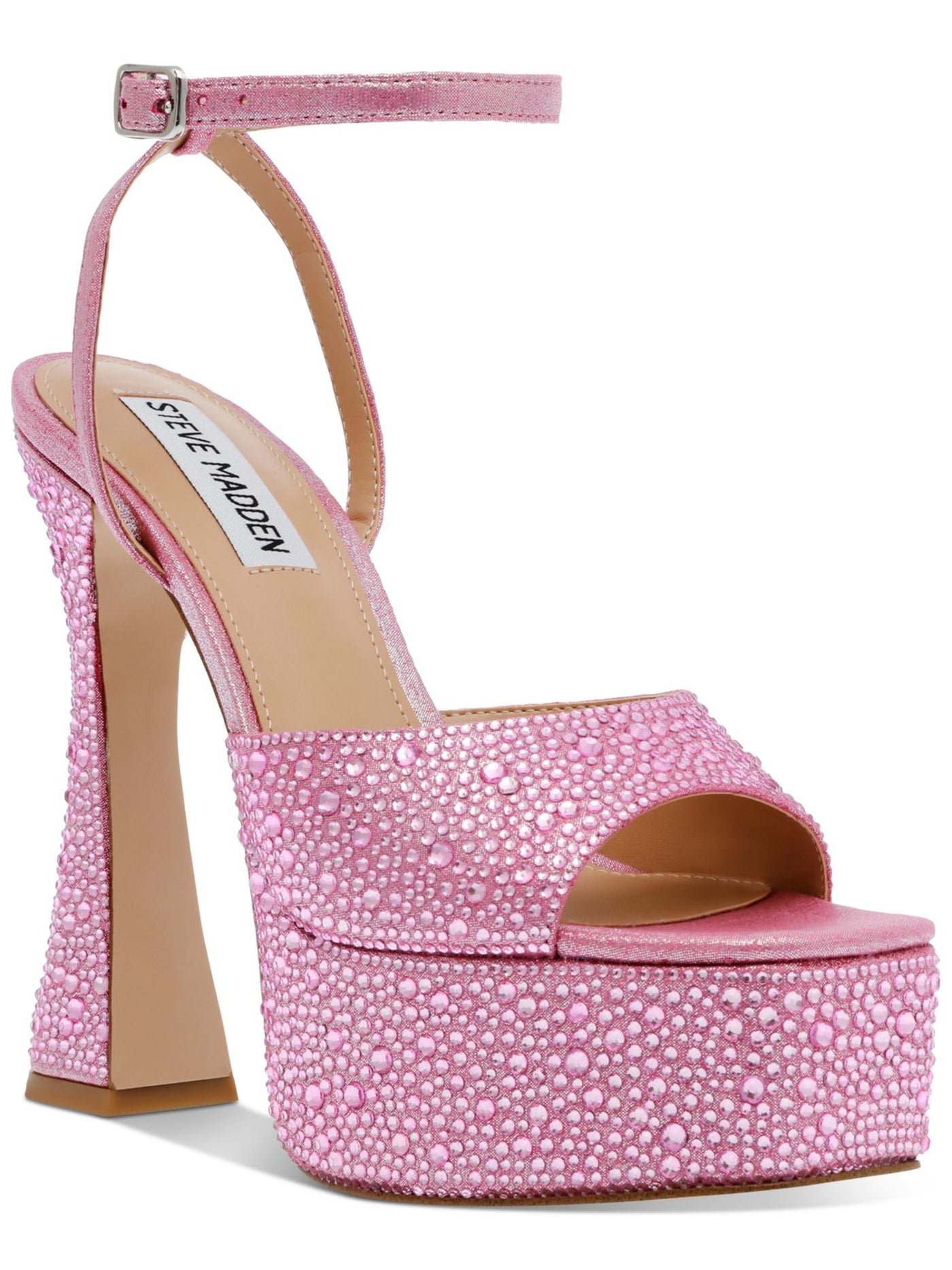 STEVE MADDEN Womens Pink Rhinestone 2" Platform Padded Adjustable Ankle Strap Lightness Square Toe Flare Buckle Heeled Sandal 8 M