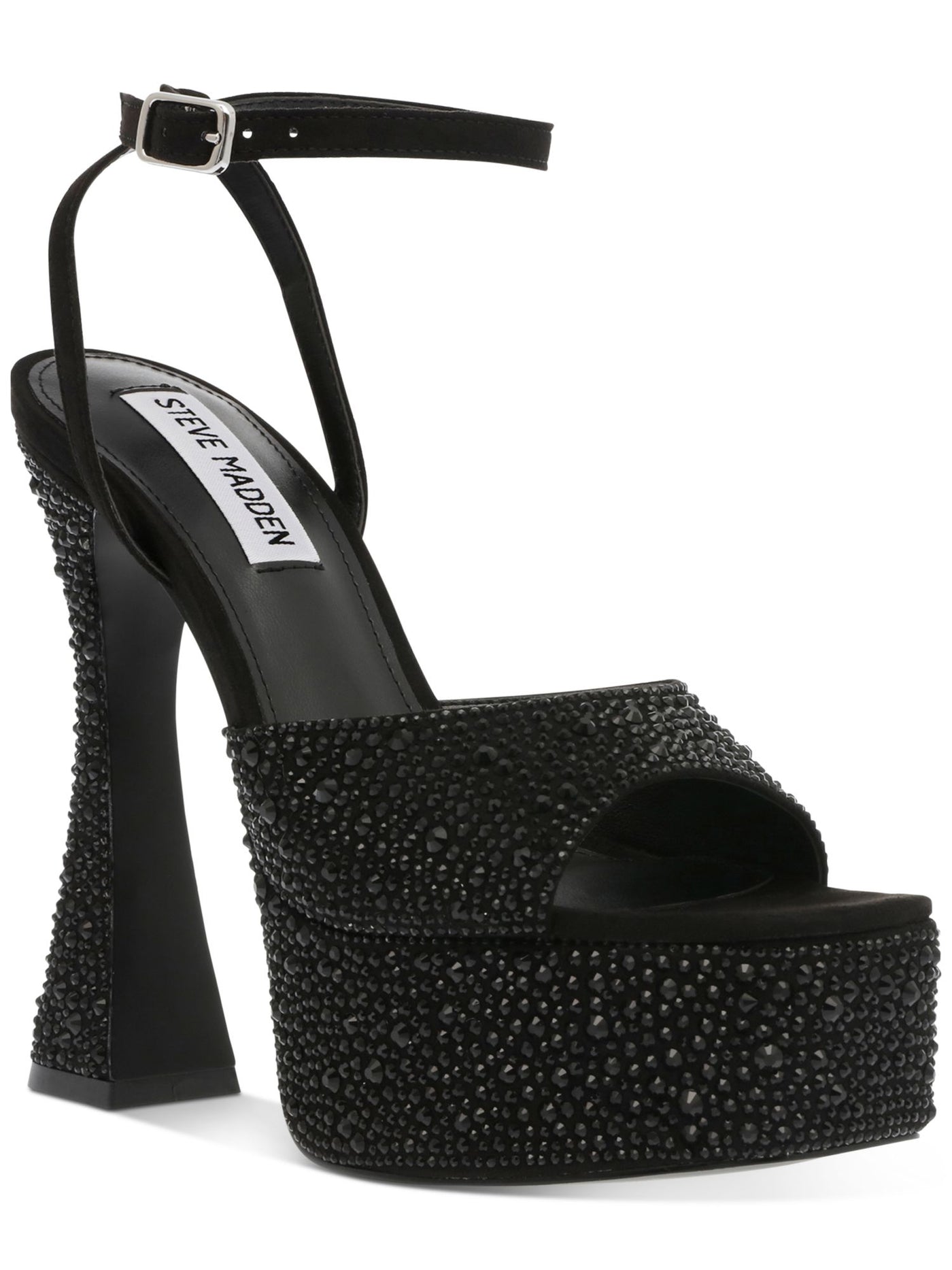 STEVE MADDEN Womens Black Rhinestone 2 Platform Padded Adjustable Strap Ankle Strap Lightness Square Toe Flare Buckle Dress Heeled Sandal 6 M