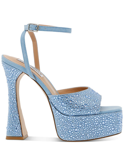 STEVE MADDEN Womens Light Blue 2" Platform Ankle Strap Rhinestone Lightness Square Toe Flare Buckle Dress Heeled Sandal 10 M