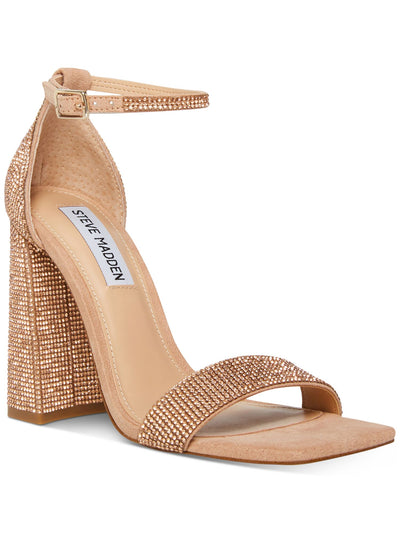 STEVE MADDEN Womens Beige Ankle Strap Rhinestone Tiaa Square Toe Block Heel Buckle Dress Heeled Sandal 9.5