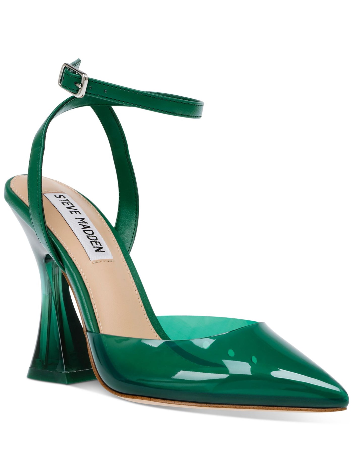 STEVE MADDEN Womens Green Translucent Padded Ankle Strap Zelie Pointed Toe Flare Buckle Pumps Shoes 5 M