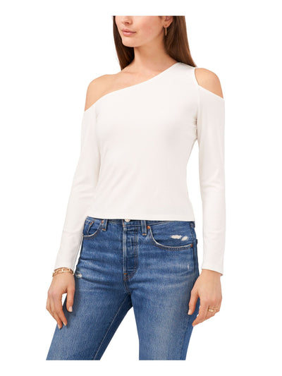1. STATE Womens White Ribbed Cold Shoulder Pullover Long Sleeve Asymmetrical Neckline Top XXS