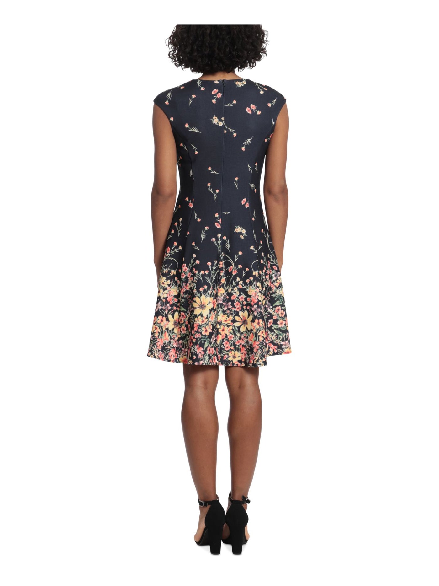 LONDON TIMES PETITES Womens Black Zippered Floral Cap Sleeve Round Neck Above The Knee Fit + Flare Dress Petites 6P