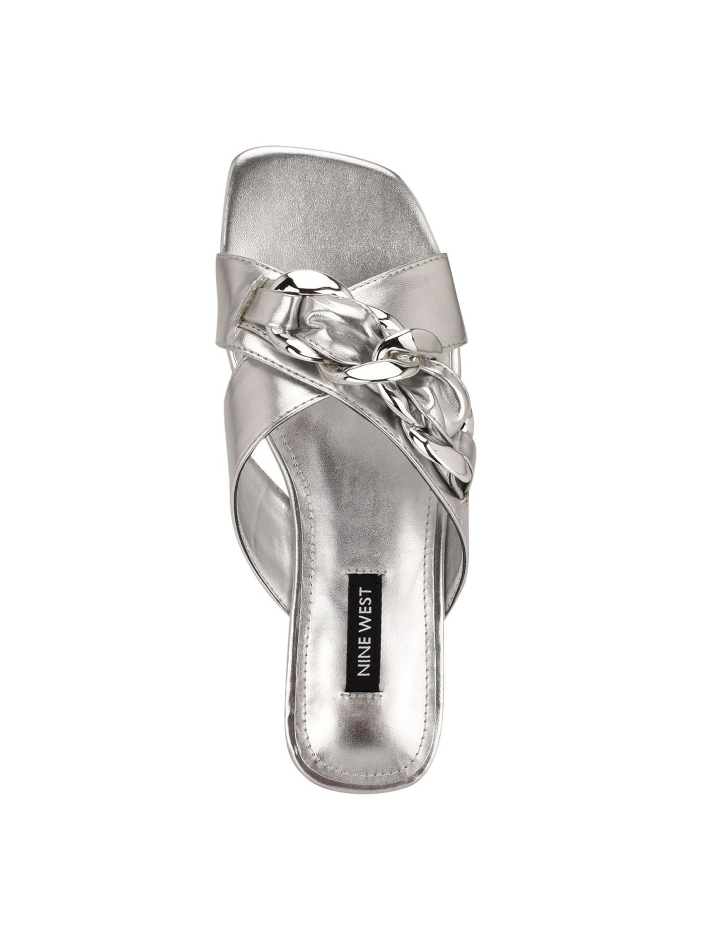 NINE WEST Womens Silver Crossover Straps Chain Accent Padded Misty Square Toe Slip On Slide Sandals Shoes 6 M