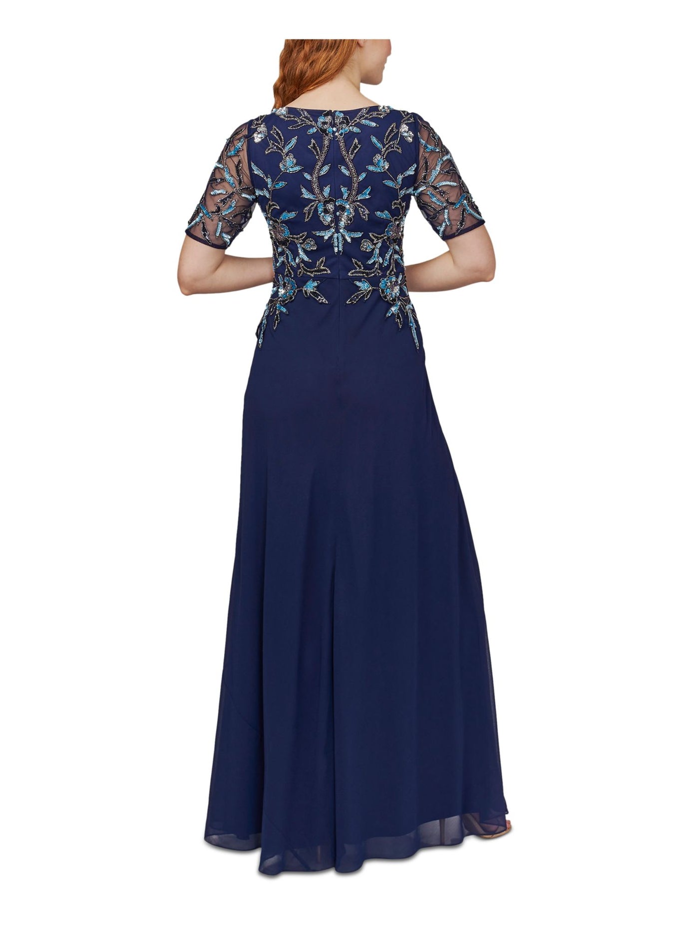 ADRIANNA PAPELL Womens Navy Beaded Sequined Zippered Lined Short Sleeve Round Neck Full-Length Evening Gown Dress 4