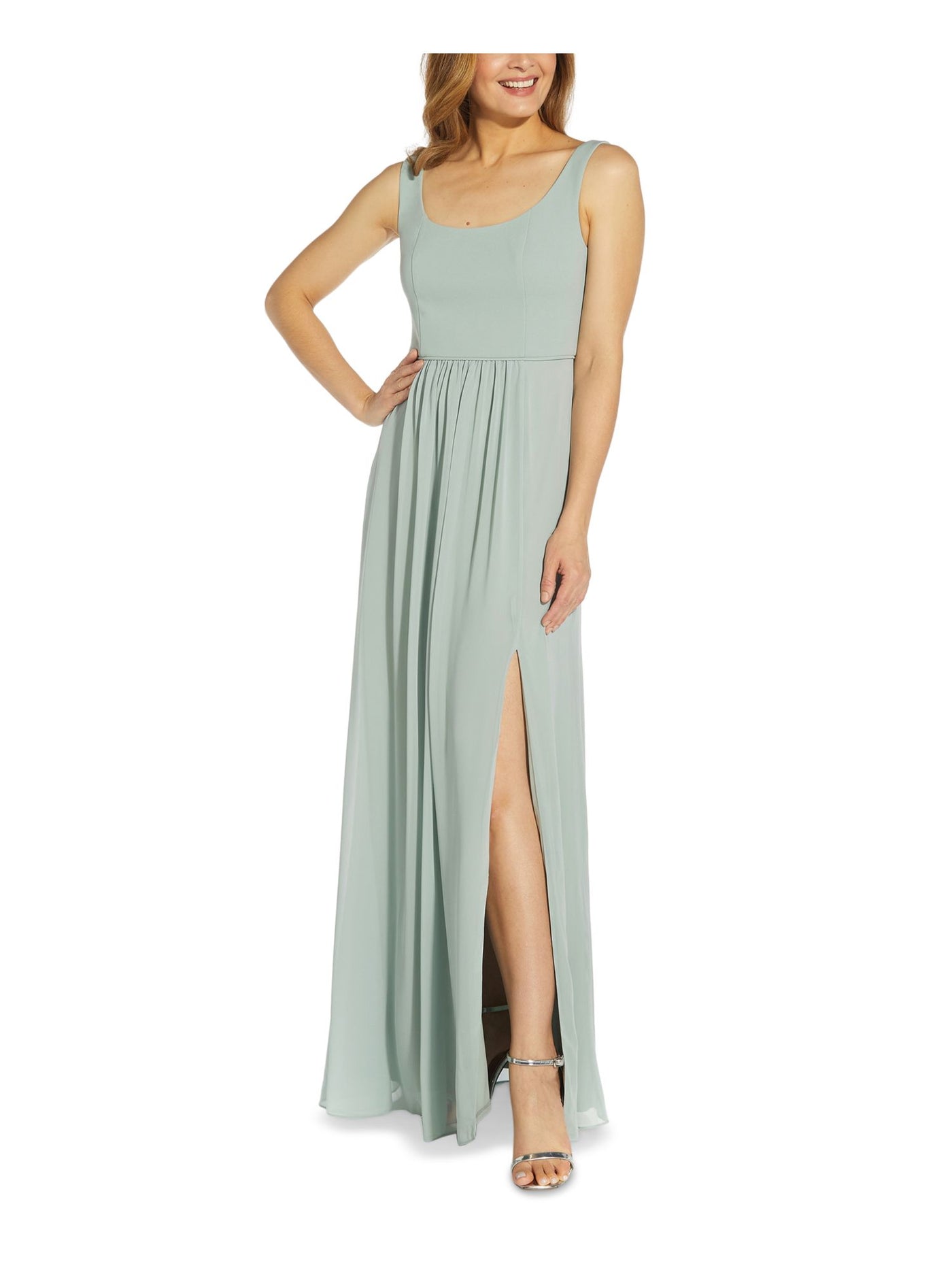 ADRIANNA PAPELL Womens Green Stretch Slitted Zippered Sheer Lined Sleeveless Square Neck Full-Length Evening Gown Dress 4