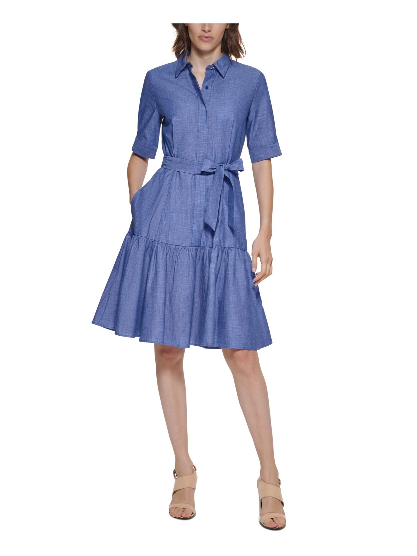 CALVIN KLEIN Womens Blue Tie Ruffled Short Sleeve Collared Above The Knee Wear To Work Shirt Dress 16