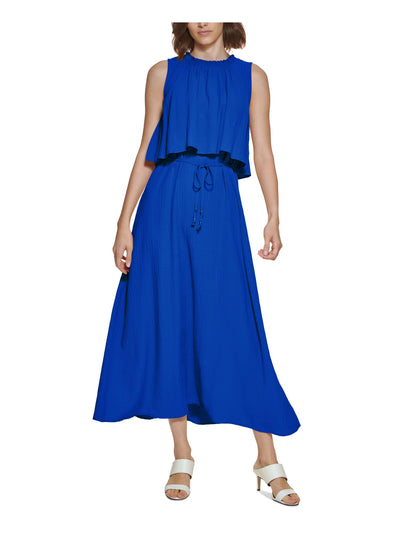 CALVIN KLEIN Womens Blue Smocked Ruffled Keyhole Back Closure Popover Sleeveless Round Neck Maxi Wear To Work Fit + Flare Dress 2
