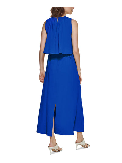 CALVIN KLEIN Womens Blue Smocked Ruffled Keyhole Back Closure Popover Sleeveless Round Neck Maxi Wear To Work Fit + Flare Dress 2