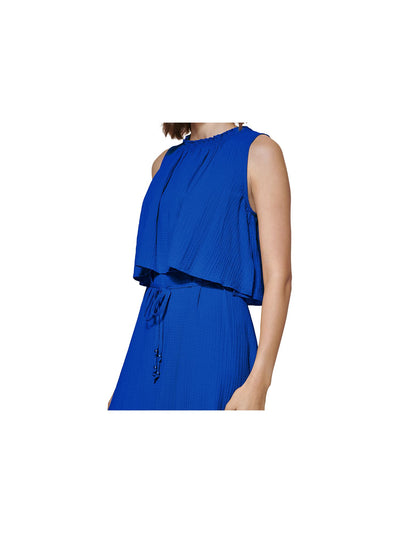 CALVIN KLEIN Womens Blue Smocked Ruffled Keyhole Back Closure Popover Sleeveless Round Neck Maxi Wear To Work Fit + Flare Dress 14