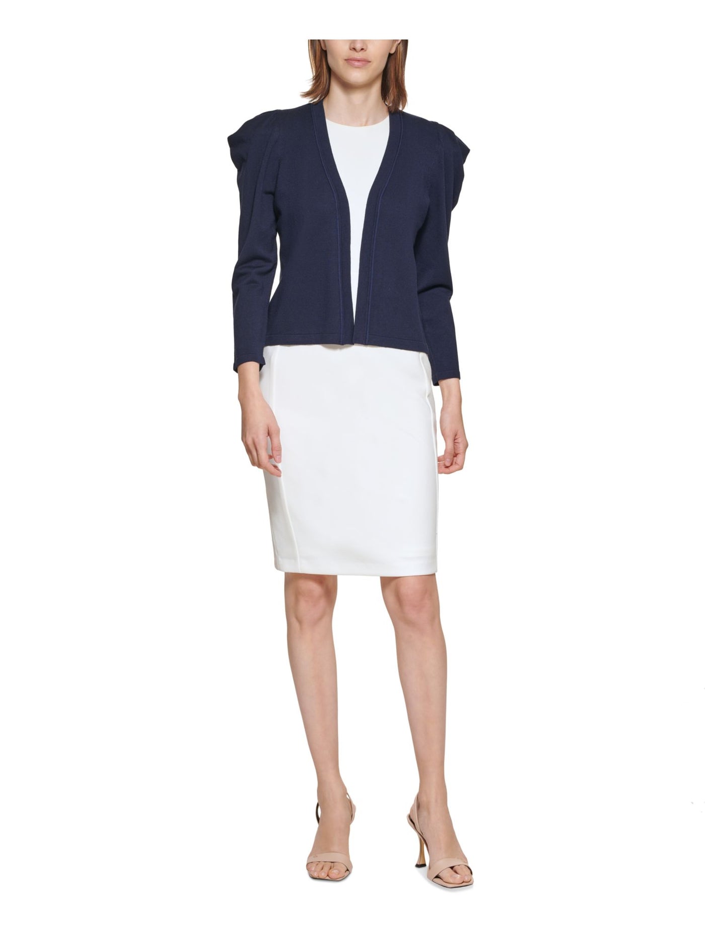 CALVIN KLEIN Womens Navy Pouf Sleeve Open Front Wear To Work Cardigan S