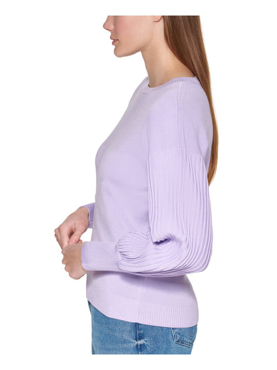 CALVIN KLEIN Womens Purple Stretch Ribbed Textured Long Sleeve Crew Neck Sweater L