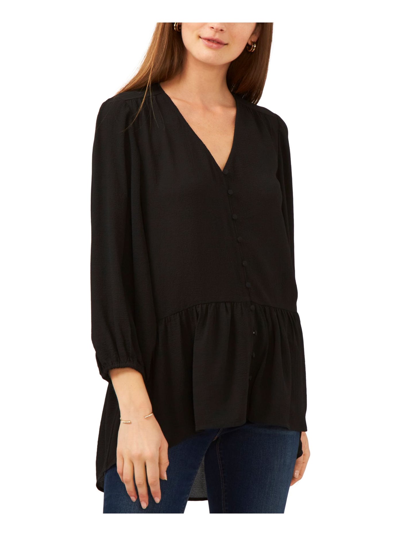 VINCE CAMUTO Womens Black Textured Button Front Ruffled Drop Hem Balloon Sleeve V Neck Tunic Top S