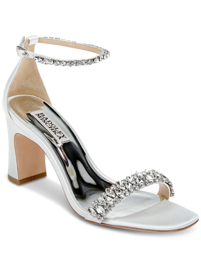BADGLEY MISCHKA Womens White Textile Metallic Crystal Embellished Straps Ankle Strap Padded Harriet Square Toe Block Heel Buckle Dress Sandals Shoes 8.5 M