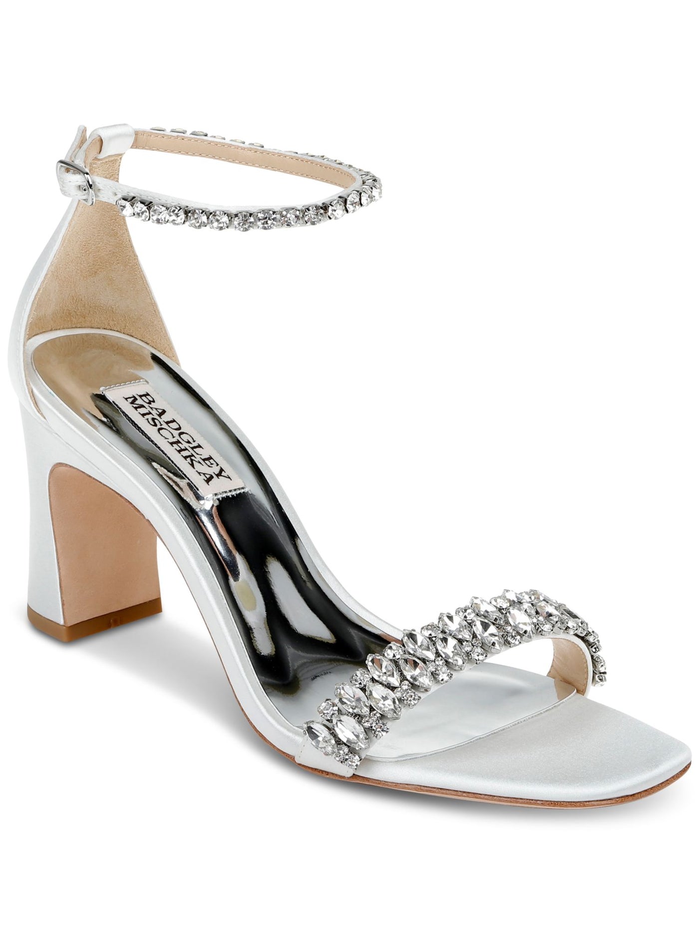 BADGLEY MISCHKA Womens White Textile Metallic Crystal Embellished Straps Ankle Strap Padded Harriet Square Toe Block Heel Buckle Dress Sandals Shoes 11 M