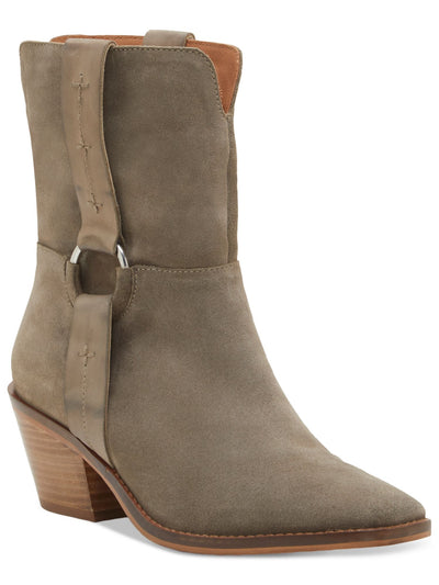 LUCKY BRAND Womens Beige Strap And Ring Hardware Side Pull-Tabs Goring Cushioned Kamaree Almond Toe Block Heel Leather Booties 7.5 M