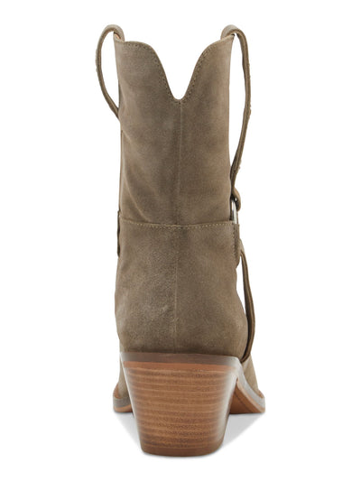 LUCKY BRAND Womens Beige Strap And Ring Hardware Side Pull-Tabs Goring Cushioned Kamaree Almond Toe Block Heel Leather Booties 7.5 M