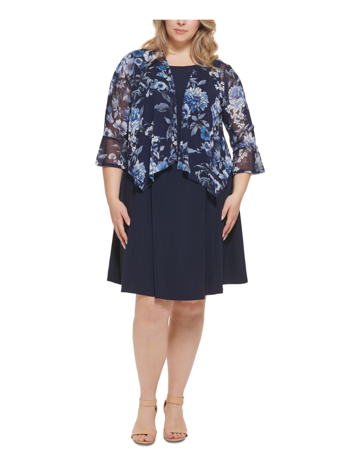 JESSICA HOWARD Womens Navy Textured Unlined Sheer Floral 3/4 Sleeve Open Front Wear To Work Cardigan Plus 14W