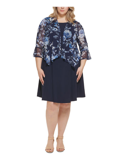 JESSICA HOWARD Womens Navy Textured Open Front Sheer 3/4 Sleeve Floral Evening Jacket Plus 16W