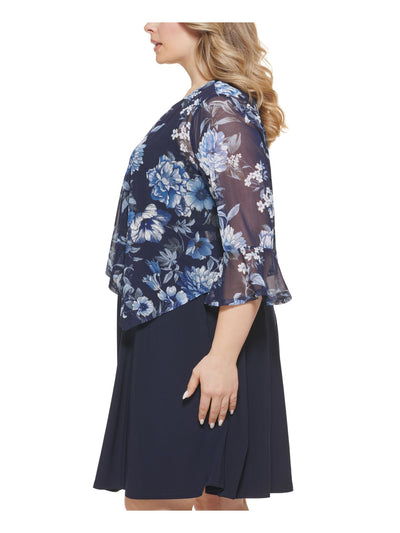 JESSICA HOWARD Womens Navy Textured Unlined Sheer Floral 3/4 Sleeve Open Front Wear To Work Cardigan Plus 14W