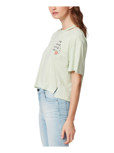 FRAYED JEANS Womens Green Cut Out Front Hem Vents Graphic Short Sleeve Crew Neck T-Shirt M