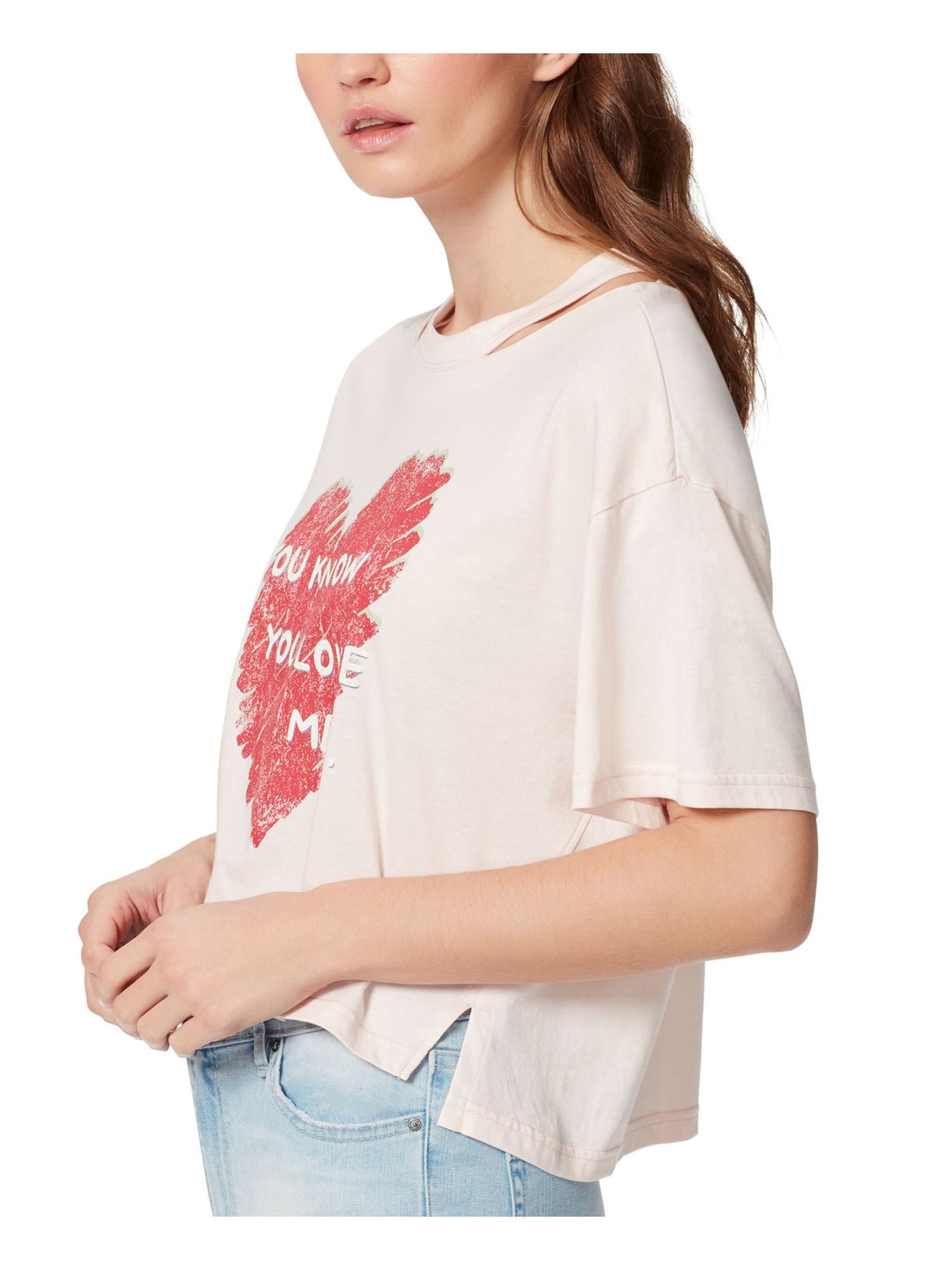 FRAYED JEANS Womens Pink Cut Out Dropped Shoulder Split Hem Graphic Short Sleeve Crew Neck T-Shirt XL